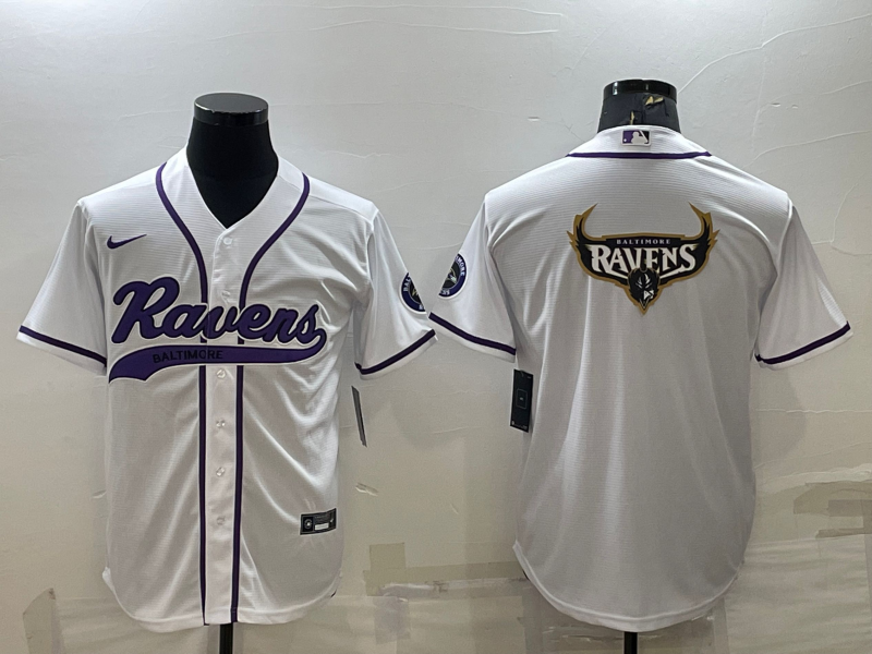 Men's Baltimore Ravens White Team Big Logo With Patch Cool Base Stitched Baseball Jersey